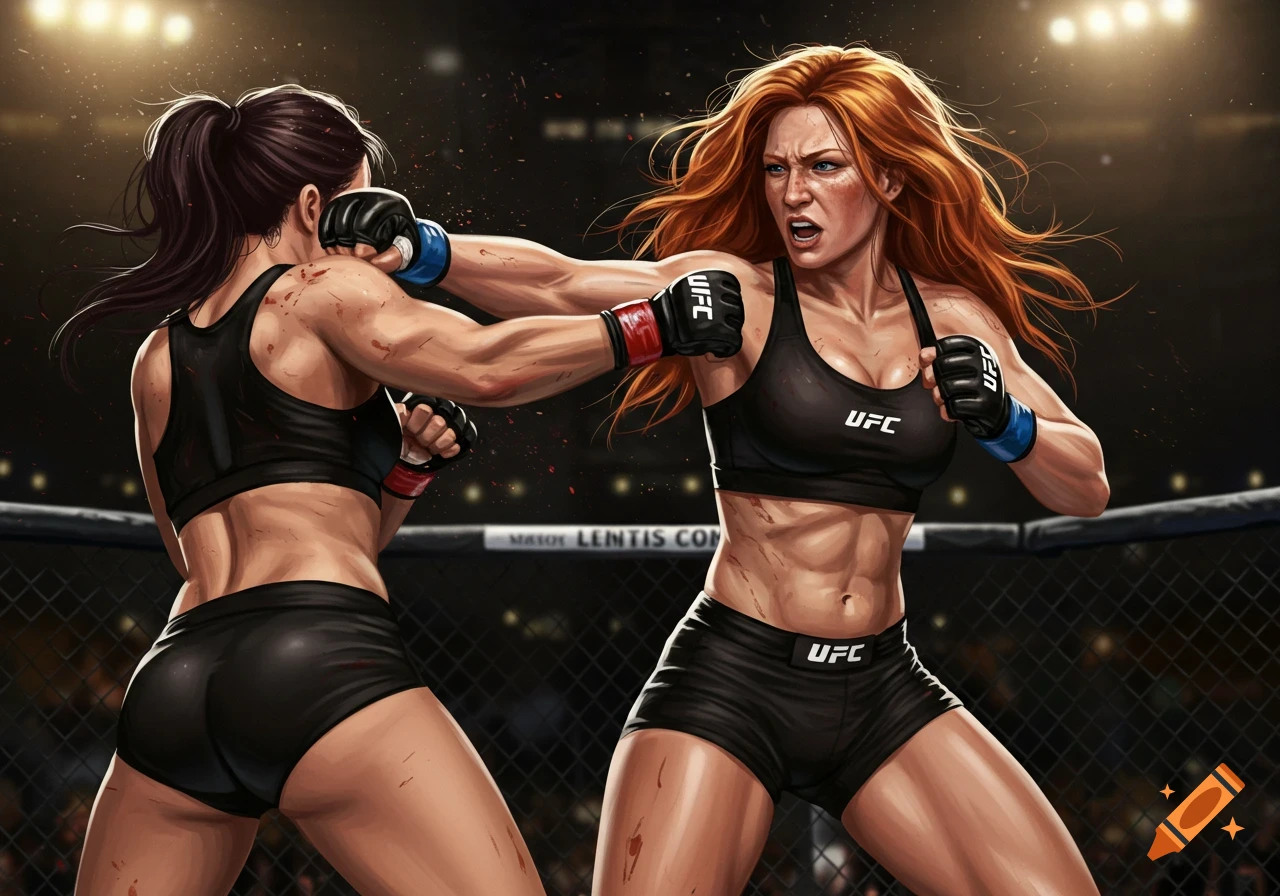 Two women fighting in an MMA ring. One woman is throwing a punch at the other.