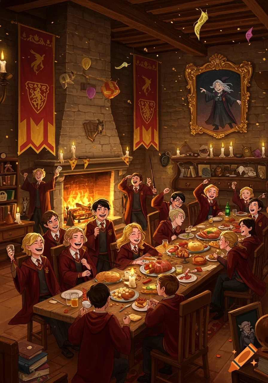 Illustration of students celebrating at a feast in a cozy common room.