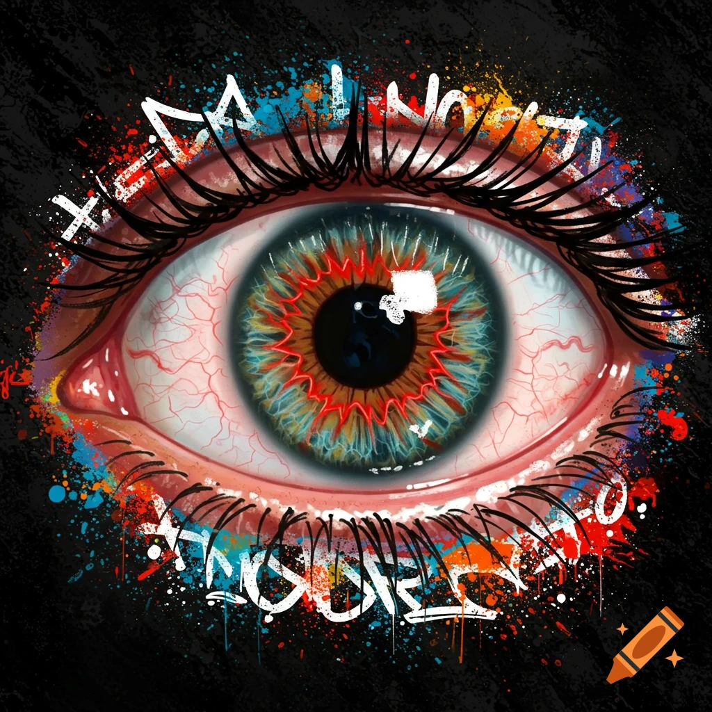 Close-up graffiti style painting of an eye with paint splatters and text.