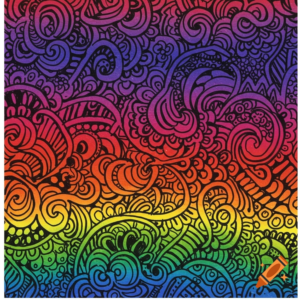 Abstract pattern with black lines and swirls over a rainbow gradient.