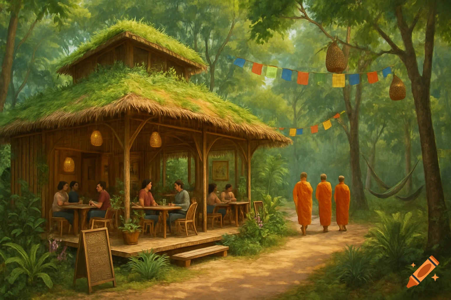 Painterly image of a cafe with people dining in a forest as monks walk by on a path. Prayer flags hang above.