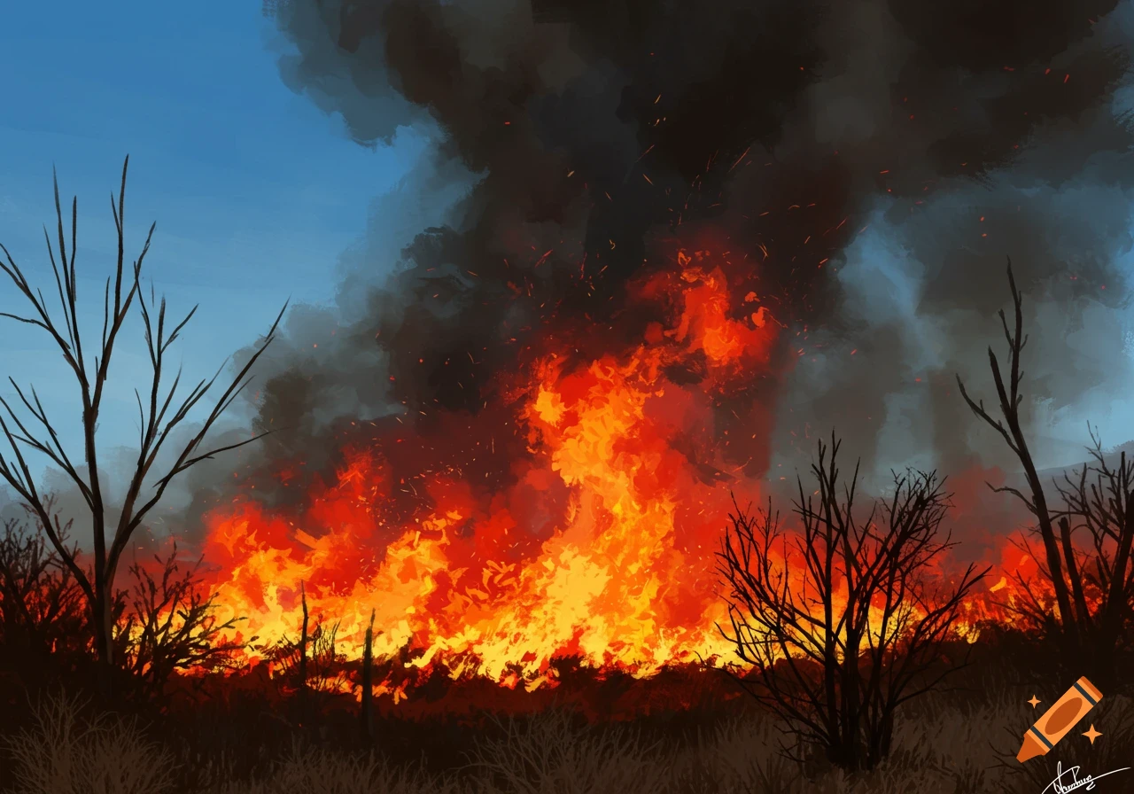 A painting of a wildfire burning through bushes and trees, with large amounts of smoke filling the sky.