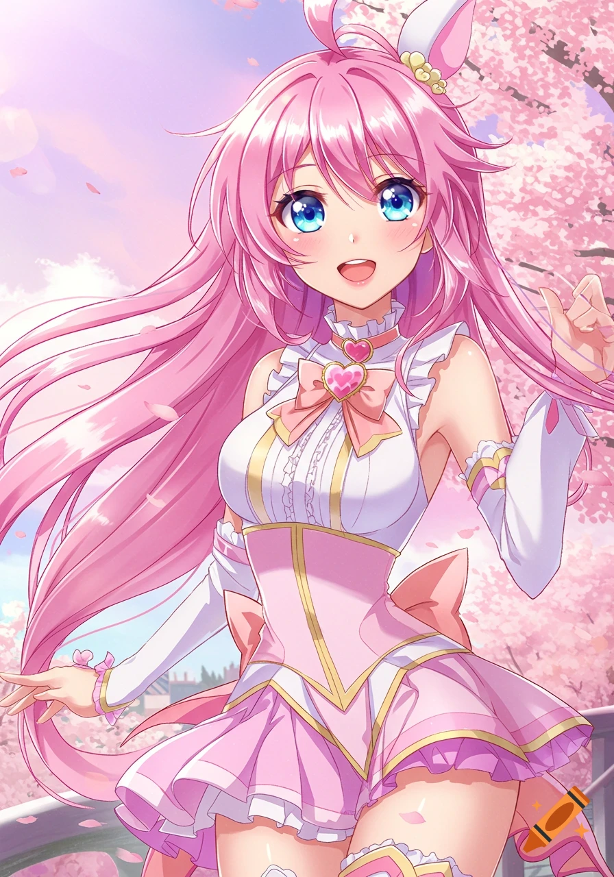 Anime girl with pink hair and bunny ears in pink dress, cherry blossoms background.