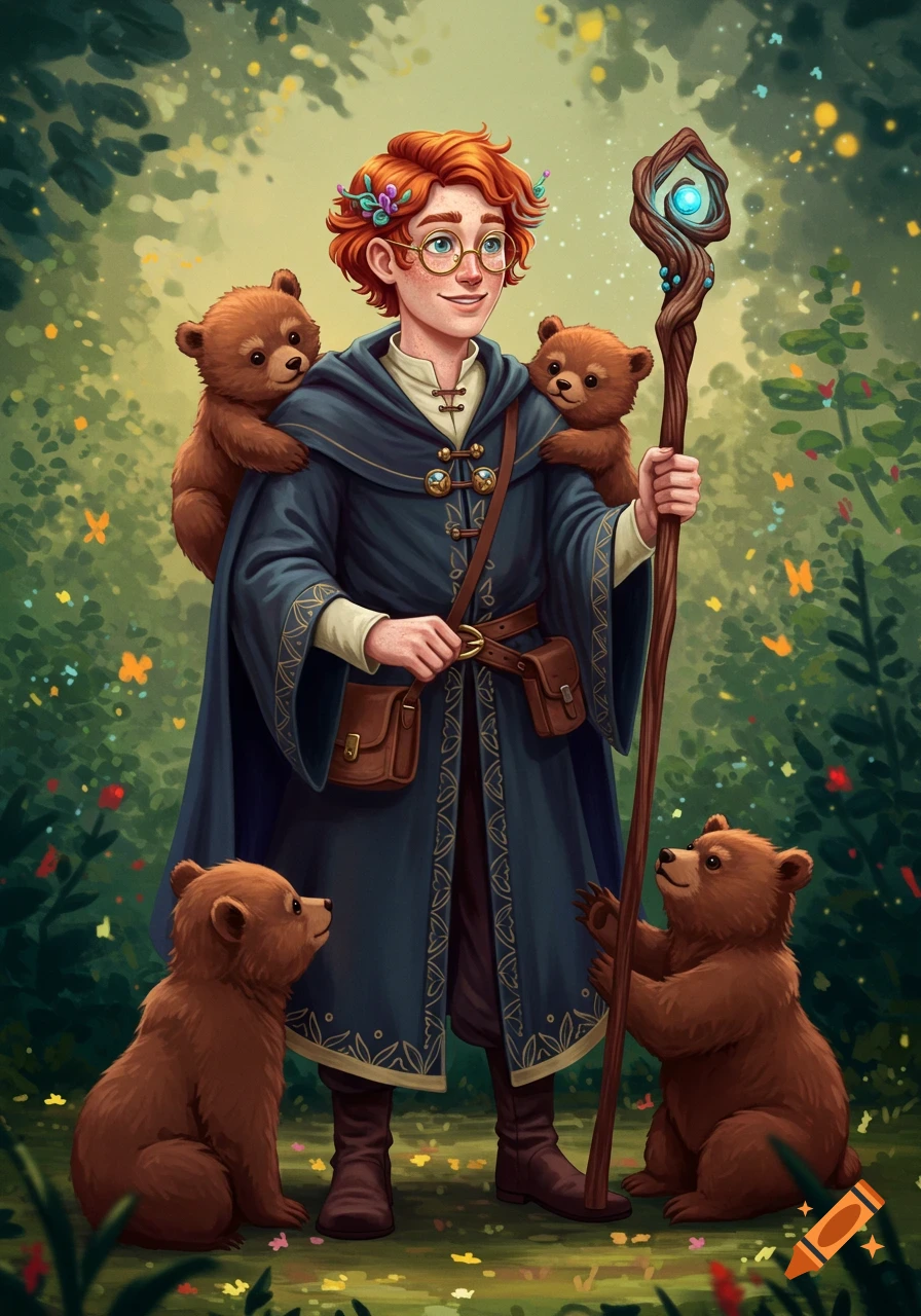 A young wizard with red hair and glasses stands with bears in a forest, holding a staff.