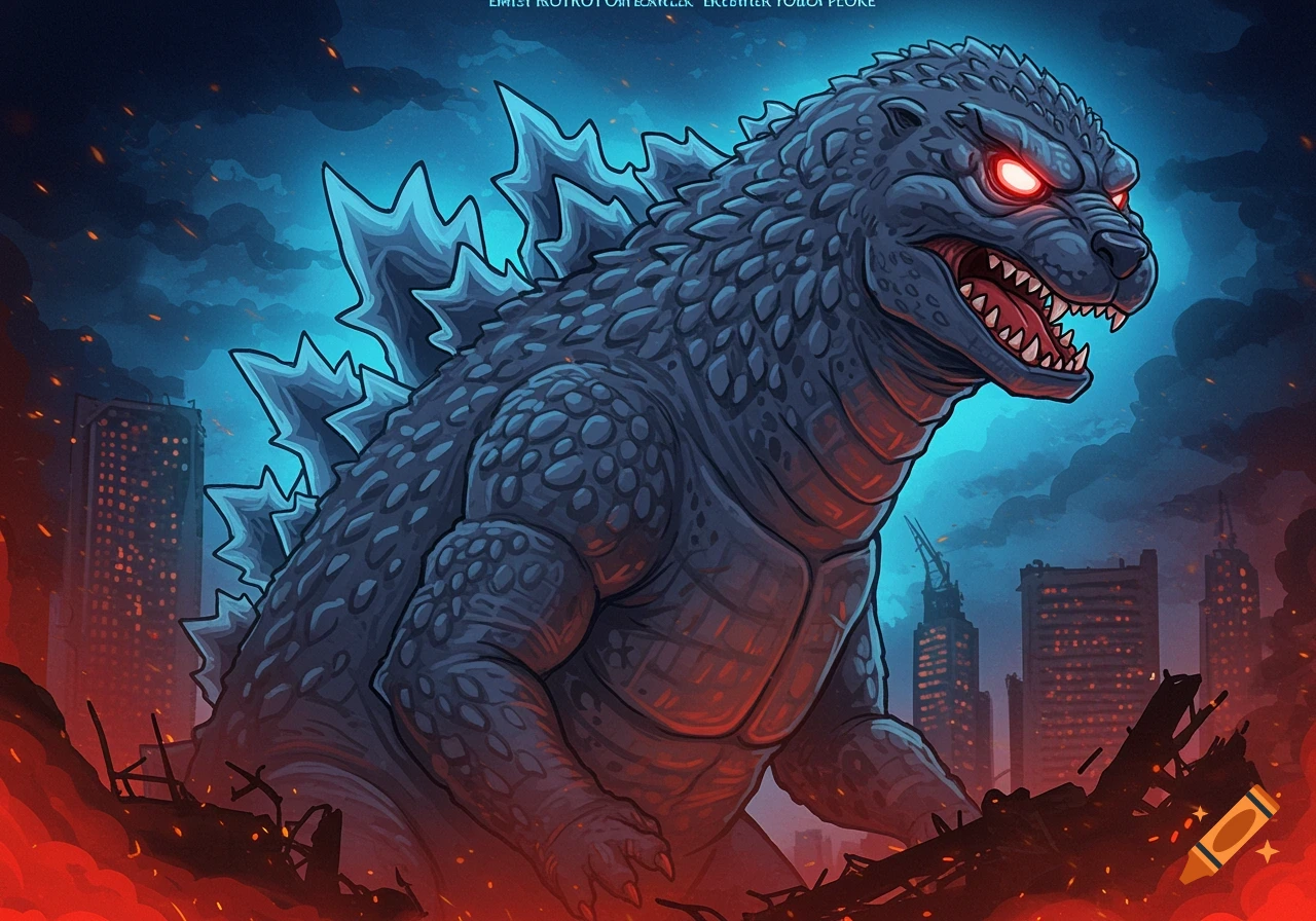 Stylized illustration of Godzilla roaring in a destroyed city at night.