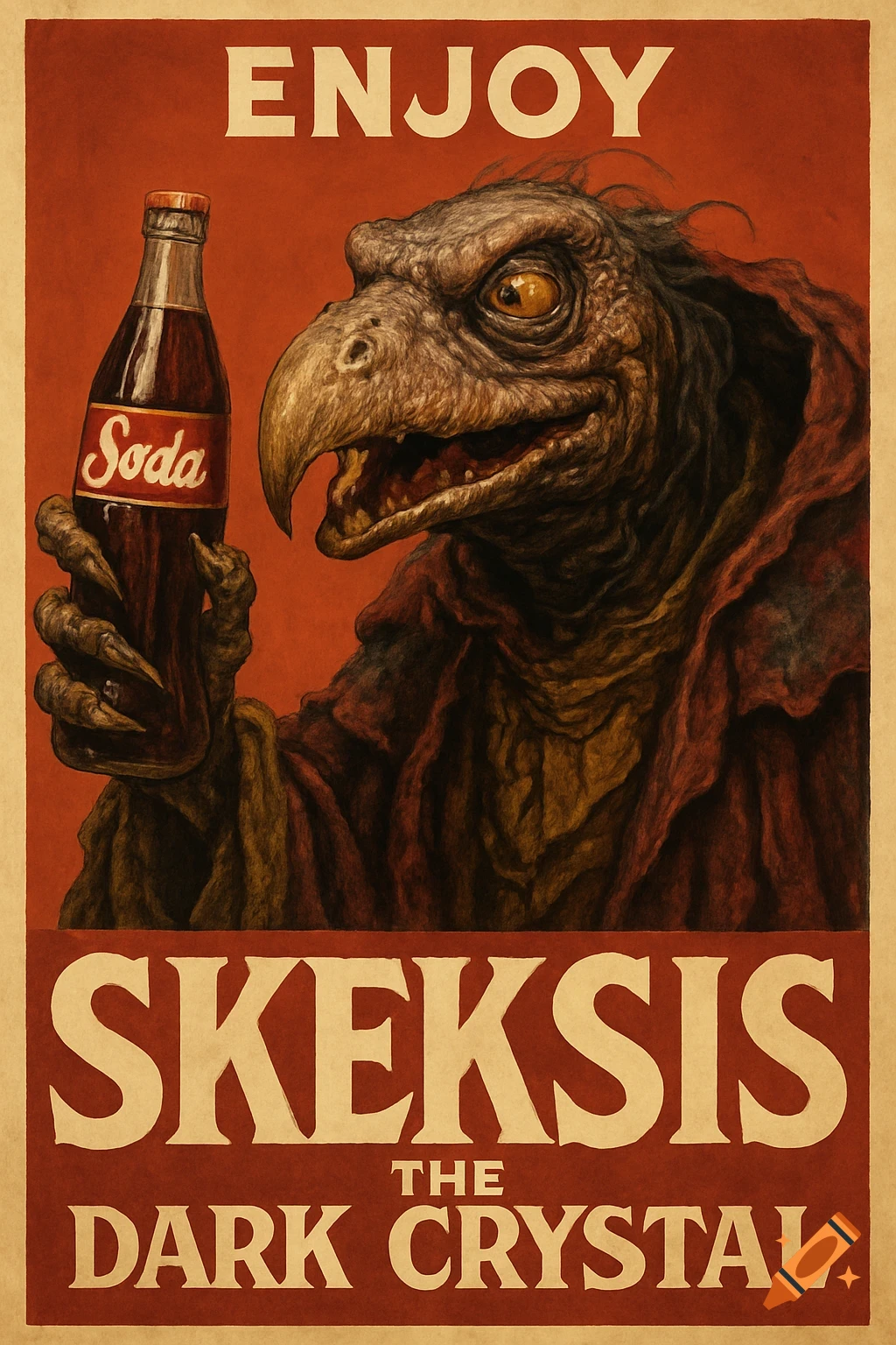 Vintage advertising poster of a Skeksis from The Dark Crystal holding a soda bottle.
