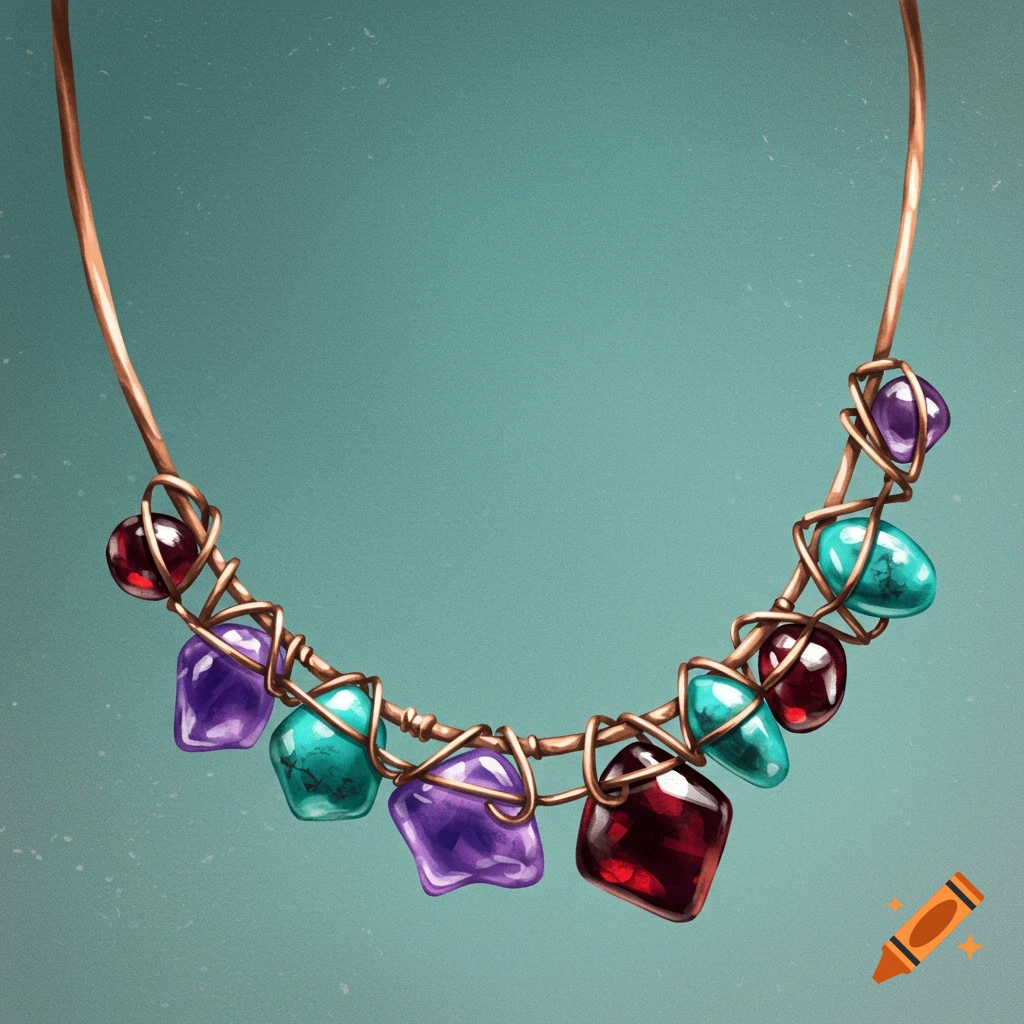 A copper wire necklace with purple, turquoise, and red stones on a teal background.