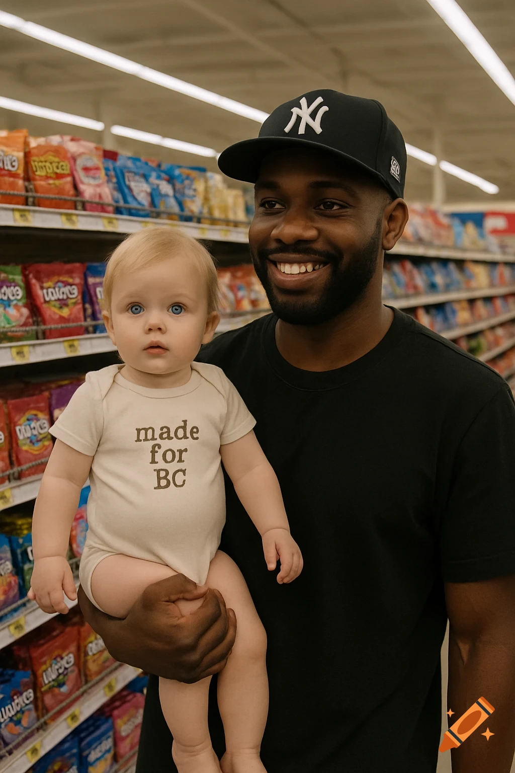 A man holds a baby in a grocery store aisle.
