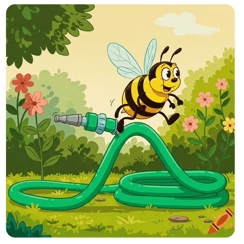 Cartoon illustration of a happy bee tripping over a green garden hose.