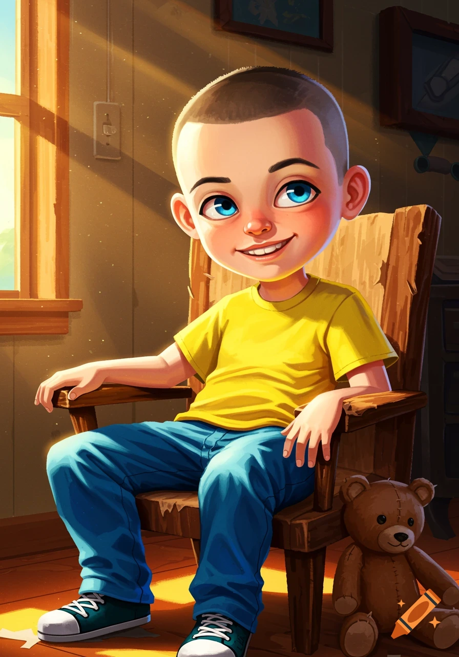 Cartoon illustration of a boy with a buzz cut and blue eyes, sitting in a wooden chair next to a teddy bear.