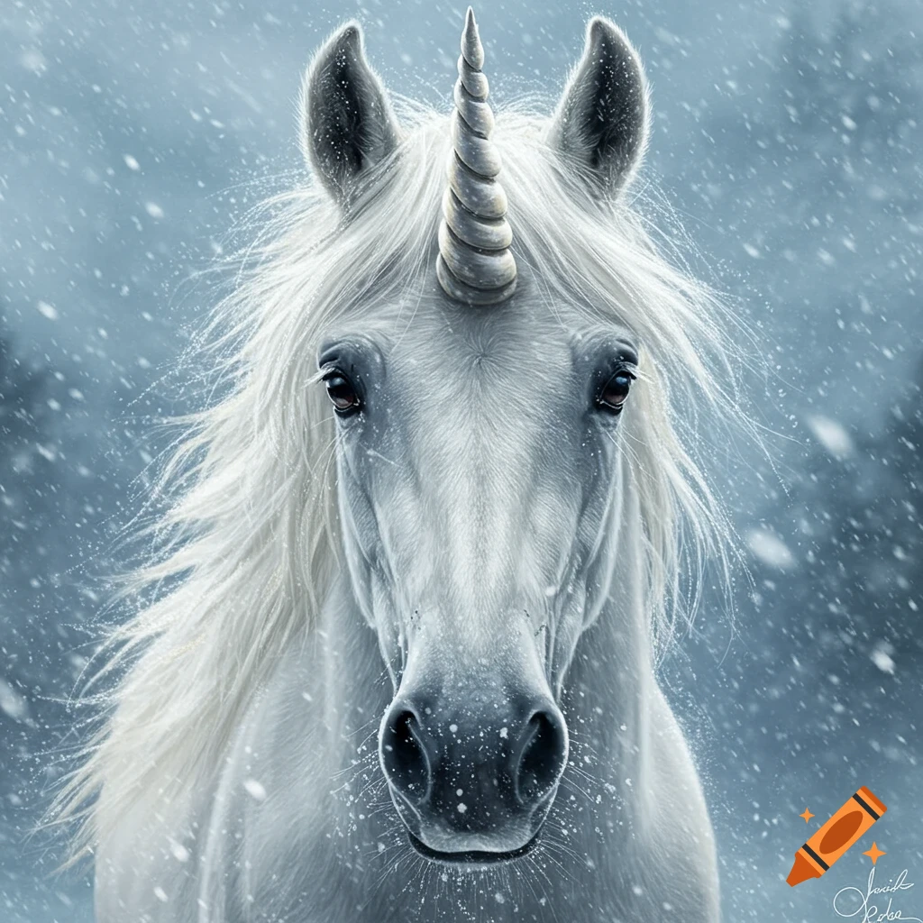 Realistic close-up of a white unicorn's face in a snowstorm, looking at the camera.