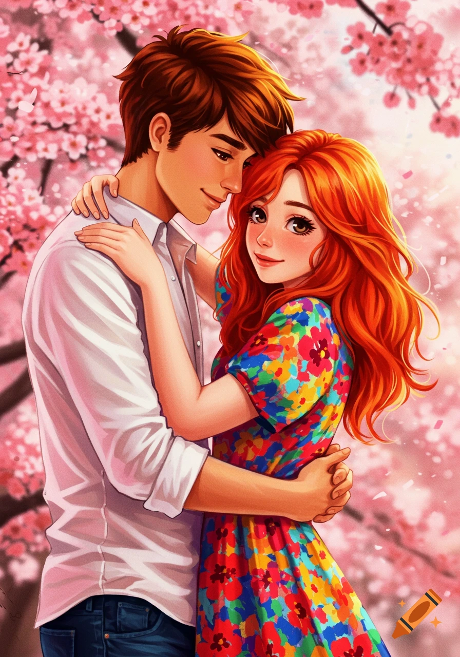 An anime-style illustration of a couple embracing under cherry blossom trees.