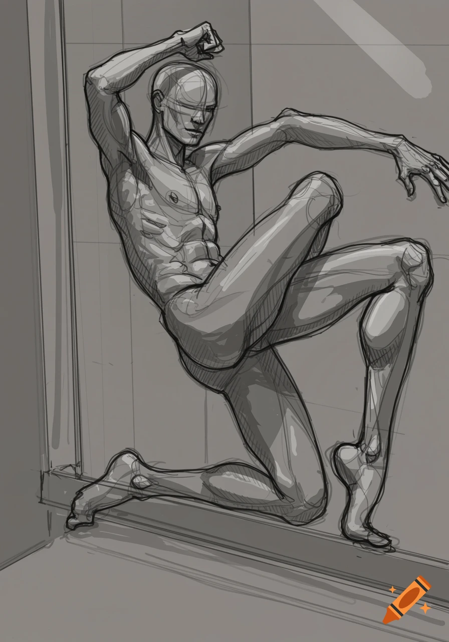 Sketch of a muscular male figure in a dynamic pose