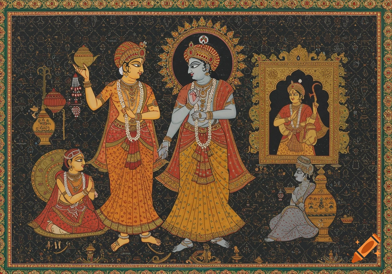 Traditional Indian painting depicting figures in rich attire against a dark, patterned background.