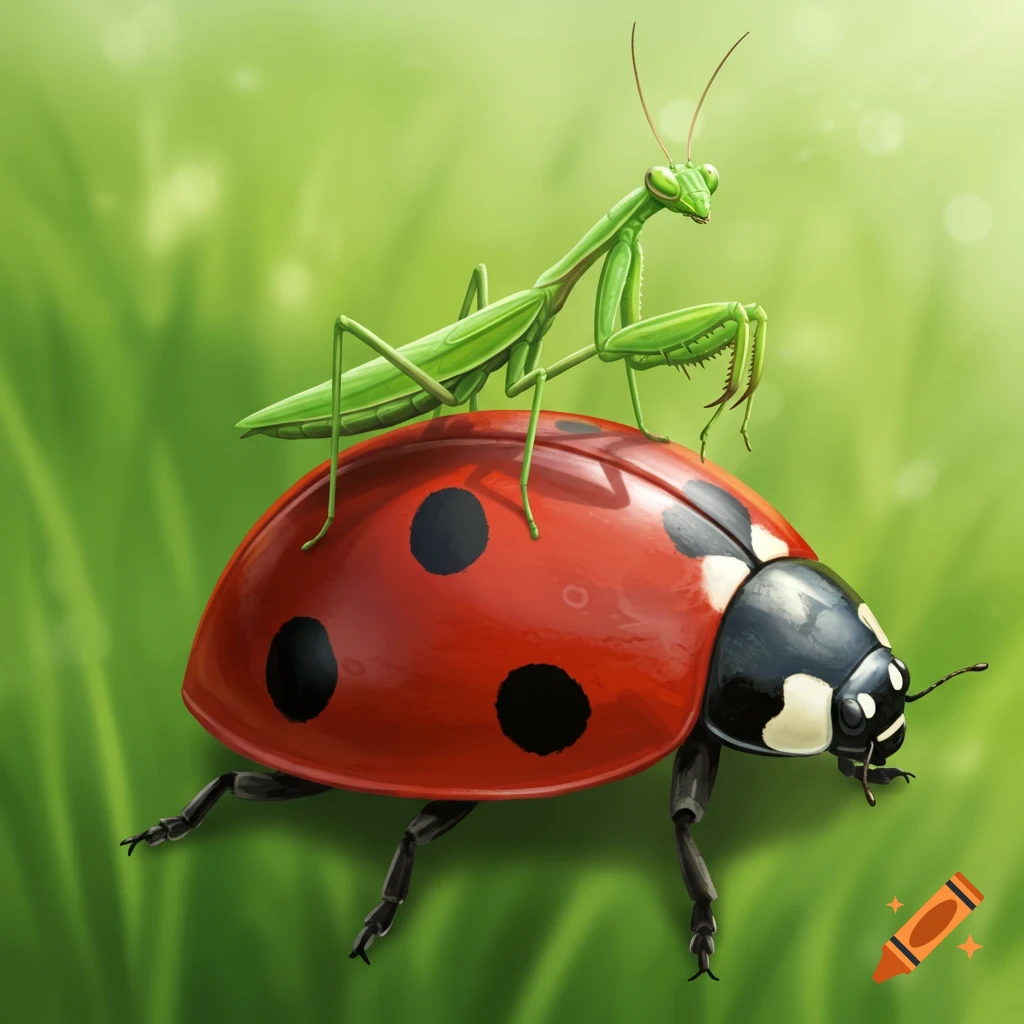 Digital illustration of a green praying mantis standing on the back of a red ladybug.