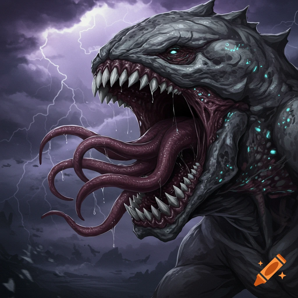 Close-up illustration of a grey monster with sharp teeth and multiple tongues against a stormy sky