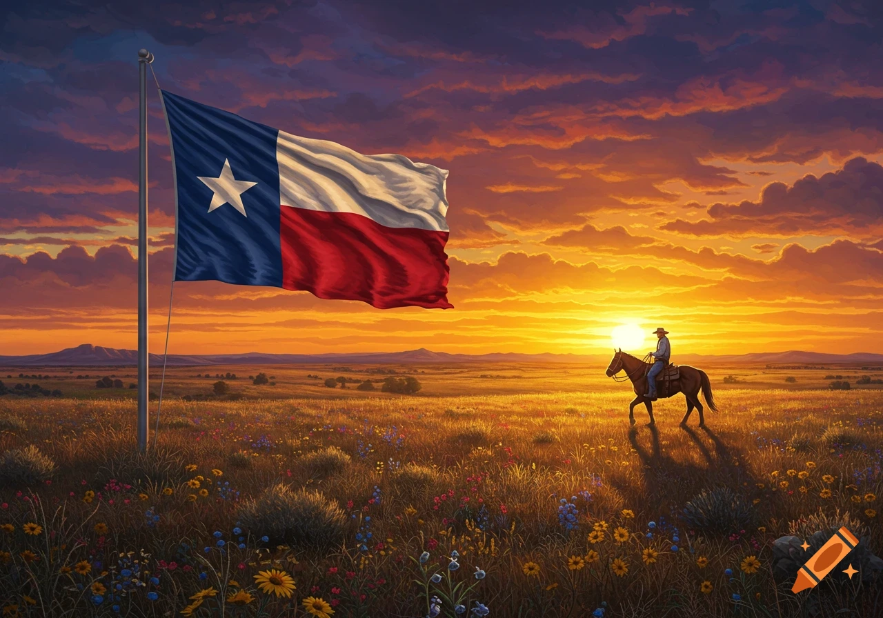 Texas flag in sunset landscape with cowboy on horse, painting