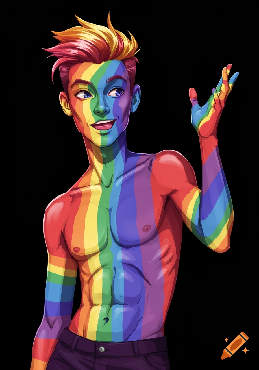 Illustration of a shirtless person with rainbow colors painted on skin and hair, waving.