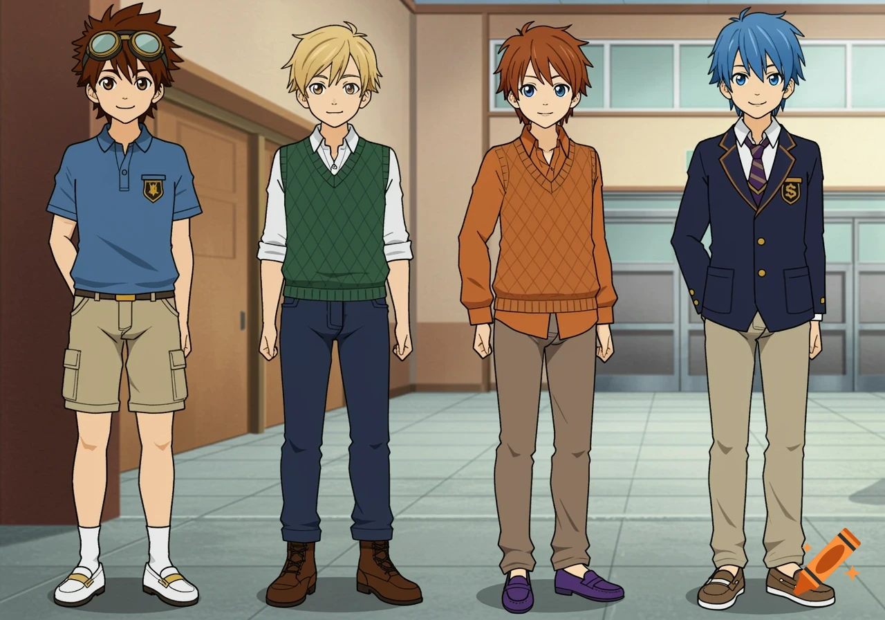 Four stylized cartoon boys in school uniforms standing in a row in a school.