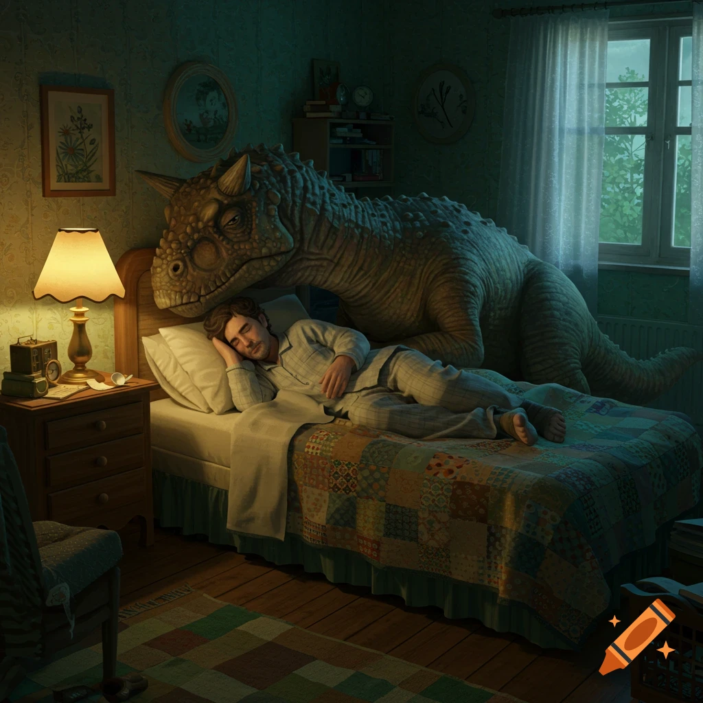 Man sleeping in bed with a large Carnotaurus dinosaur leaning over him
