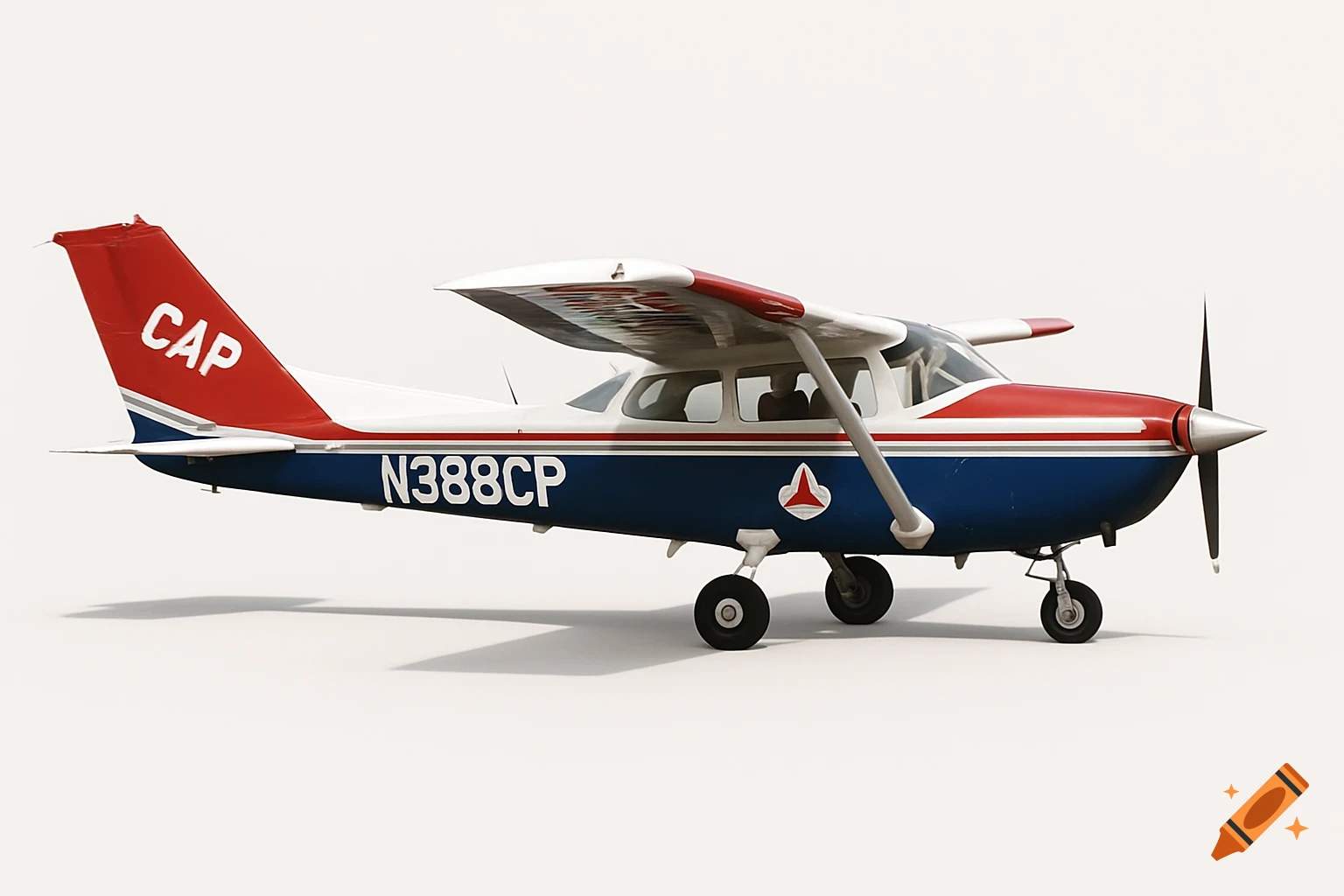 A red, white, and blue Civil Air Patrol airplane with 'CAP' on the tail and 'N388CP' on the side, against a white background.