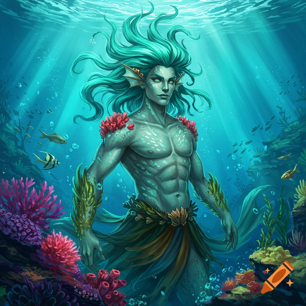 A merman or aqua god in a vibrant coral reef setting.