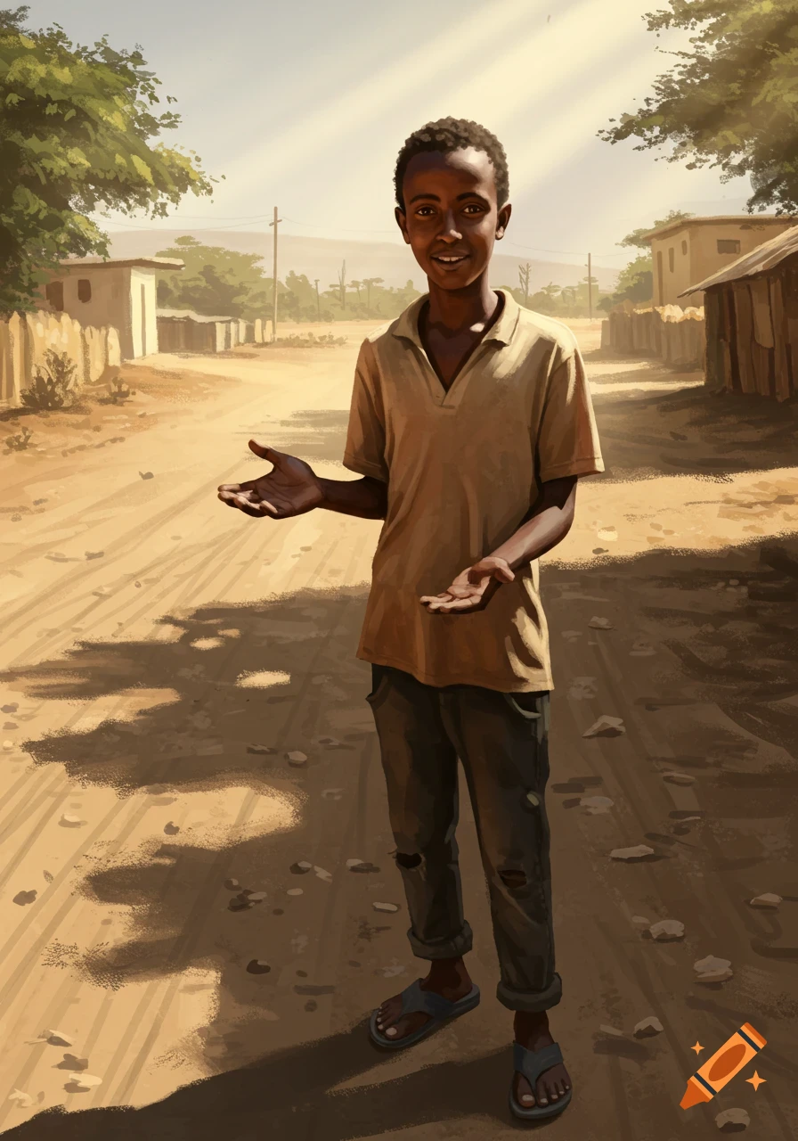 An illustration of a smiling boy standing on a dirt road in a village with his hands outstretched.