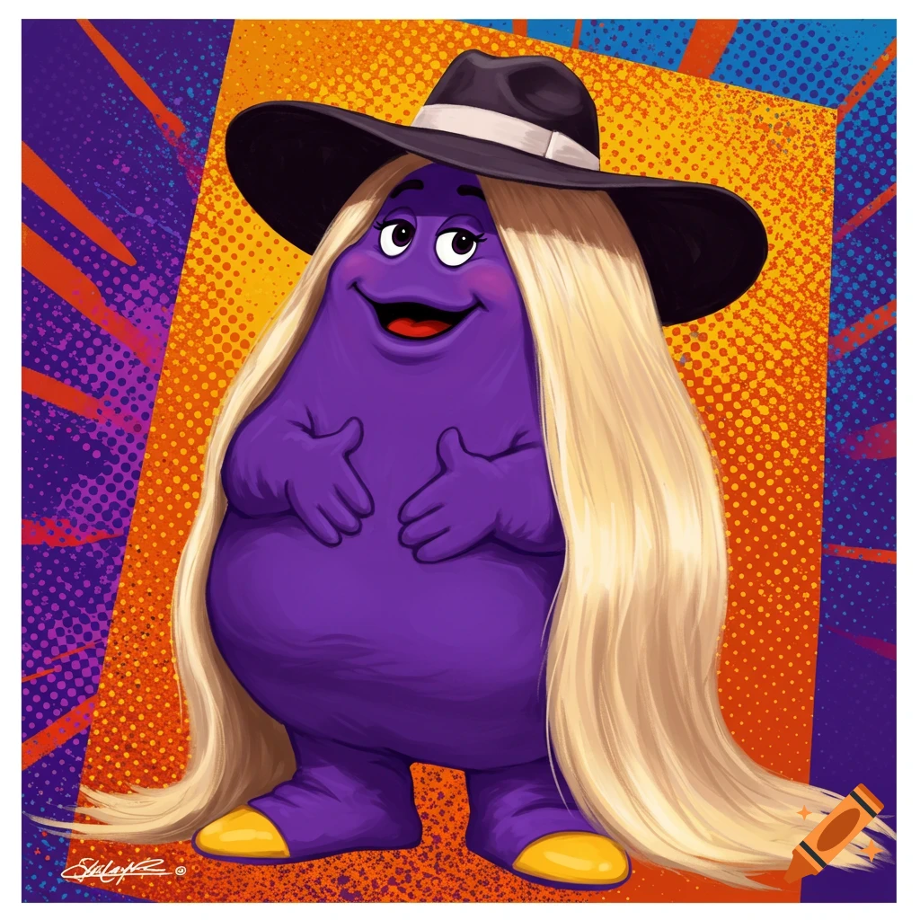 Illustration of Grimace wearing a long blonde wig and black hat on a colorful background.