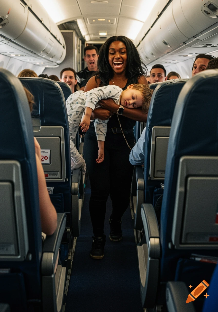A woman carries a sleeping child down the aisle of a passenger airplane as other people look on.