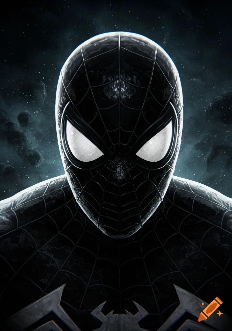 Close-up portrait of Symbiote Spider-Man in his black suit against a dark background
