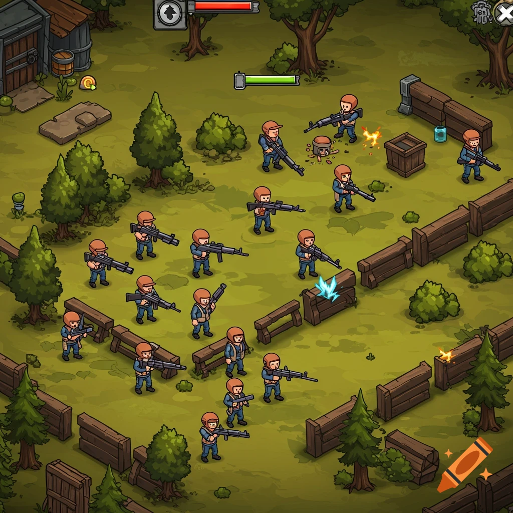 Cartoon isometric view of soldiers with rifles in a battlefield with fences and trees.