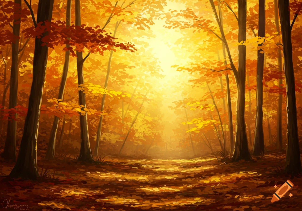 Stylized painting of sunlight filtering through an autumn forest, with vibrant orange and yellow leaves on the trees and ground.