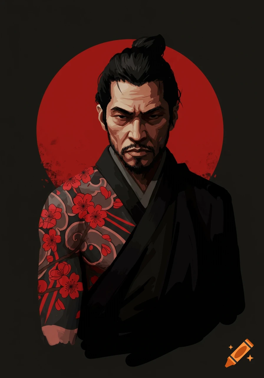 Stylized portrait of a samurai with a cherry blossom tattoo against a red circle.