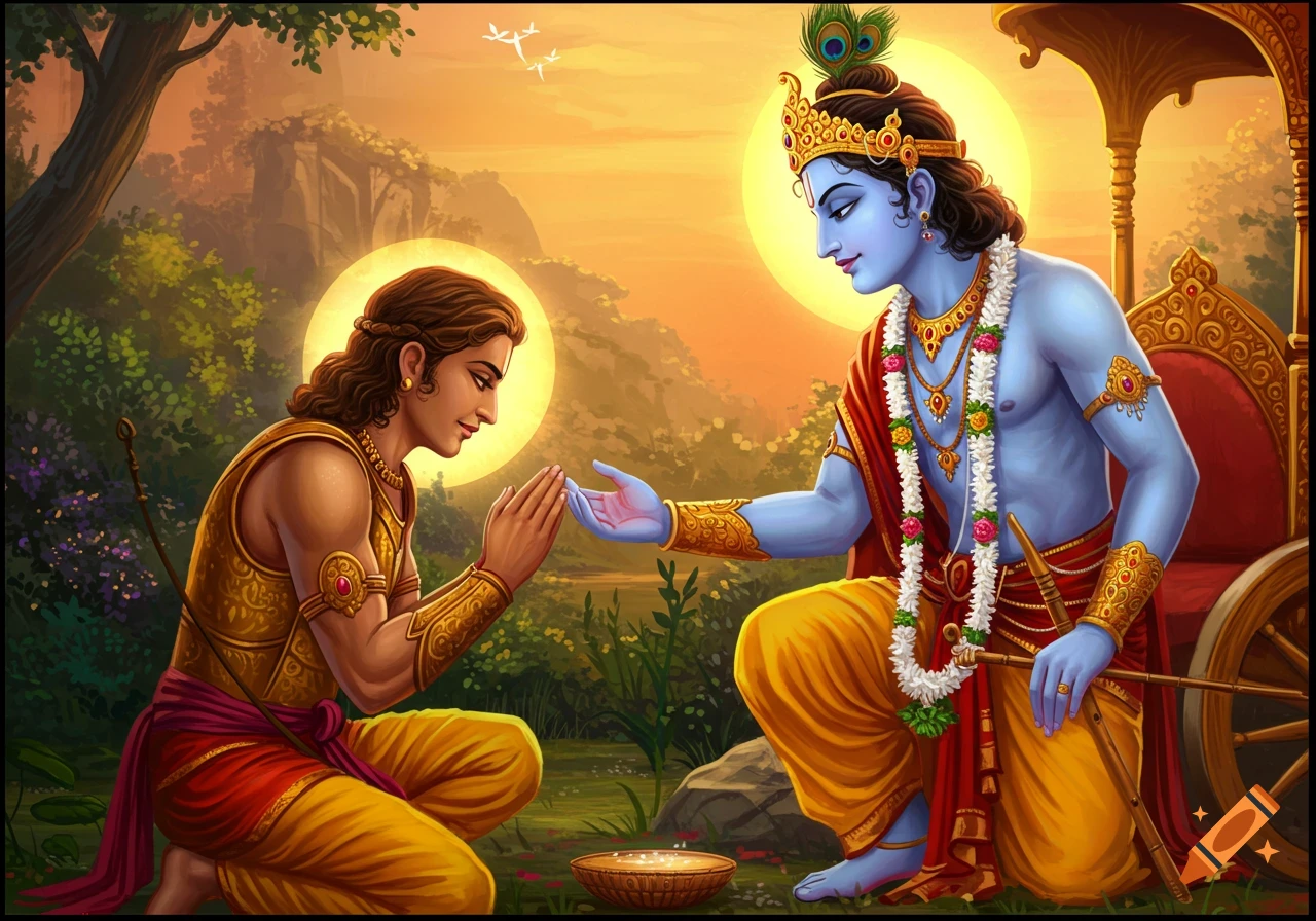 Krishna blesses Arjuna in a golden landscape illustration.