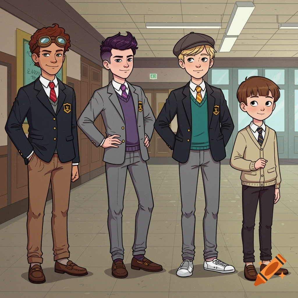 Four cartoon boys in school uniforms stand in a hallway.