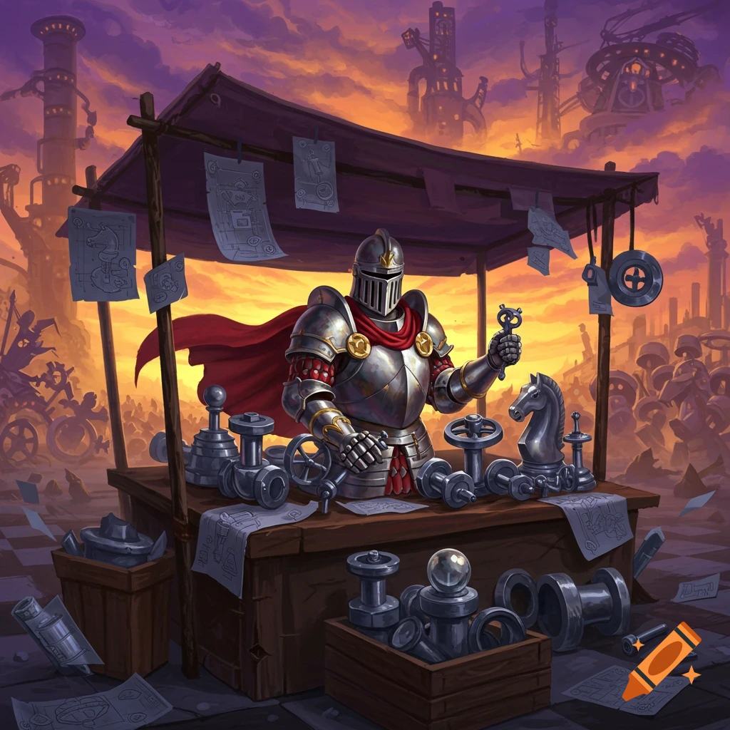 A knight sells mechanical valves and chess pieces from a market stall in a steampunk city at sunset.