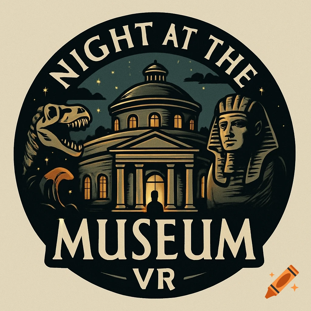 Logo for Night at the Museum VR featuring a museum building, a dinosaur, and a sphinx at night.