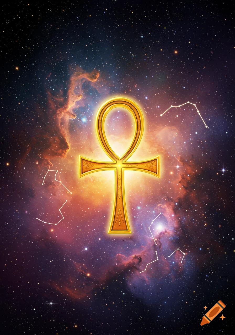 A golden Ankh symbol against a background of a nebula, stars, and constellations in space.