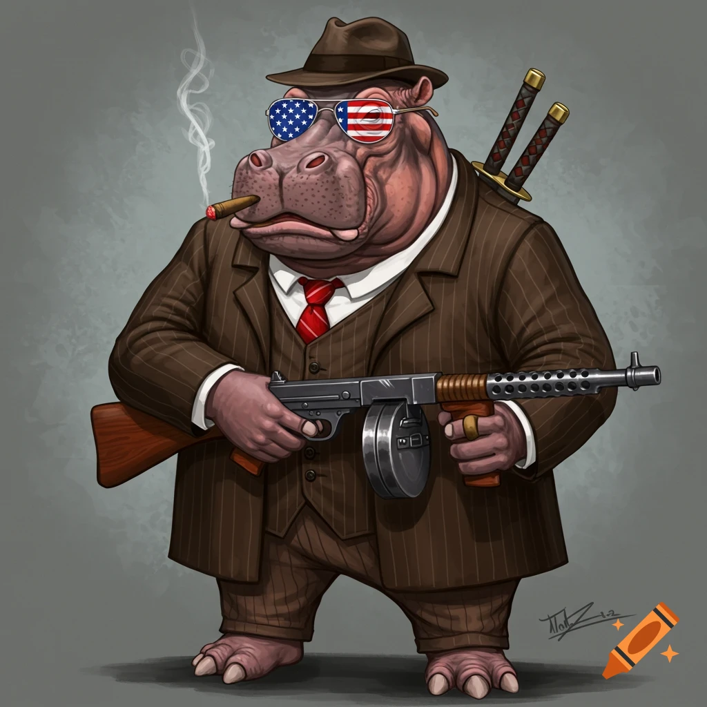 Illustration of a hippopotamus gangster in a pinstripe suit, smoking a cigar, holding a machine gun, and wearing American flag sunglasses.