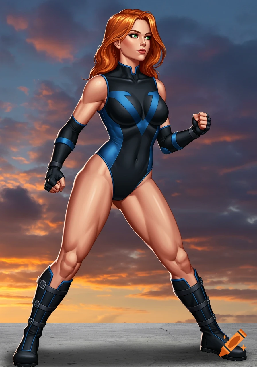 A strong young woman in a black and blue superhero leotard stands in a martial arts stance under a sunset sky. She has red hair and green eyes.