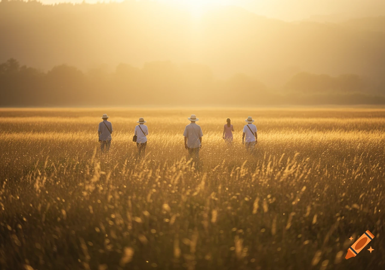 People walking through a golden field at sunset