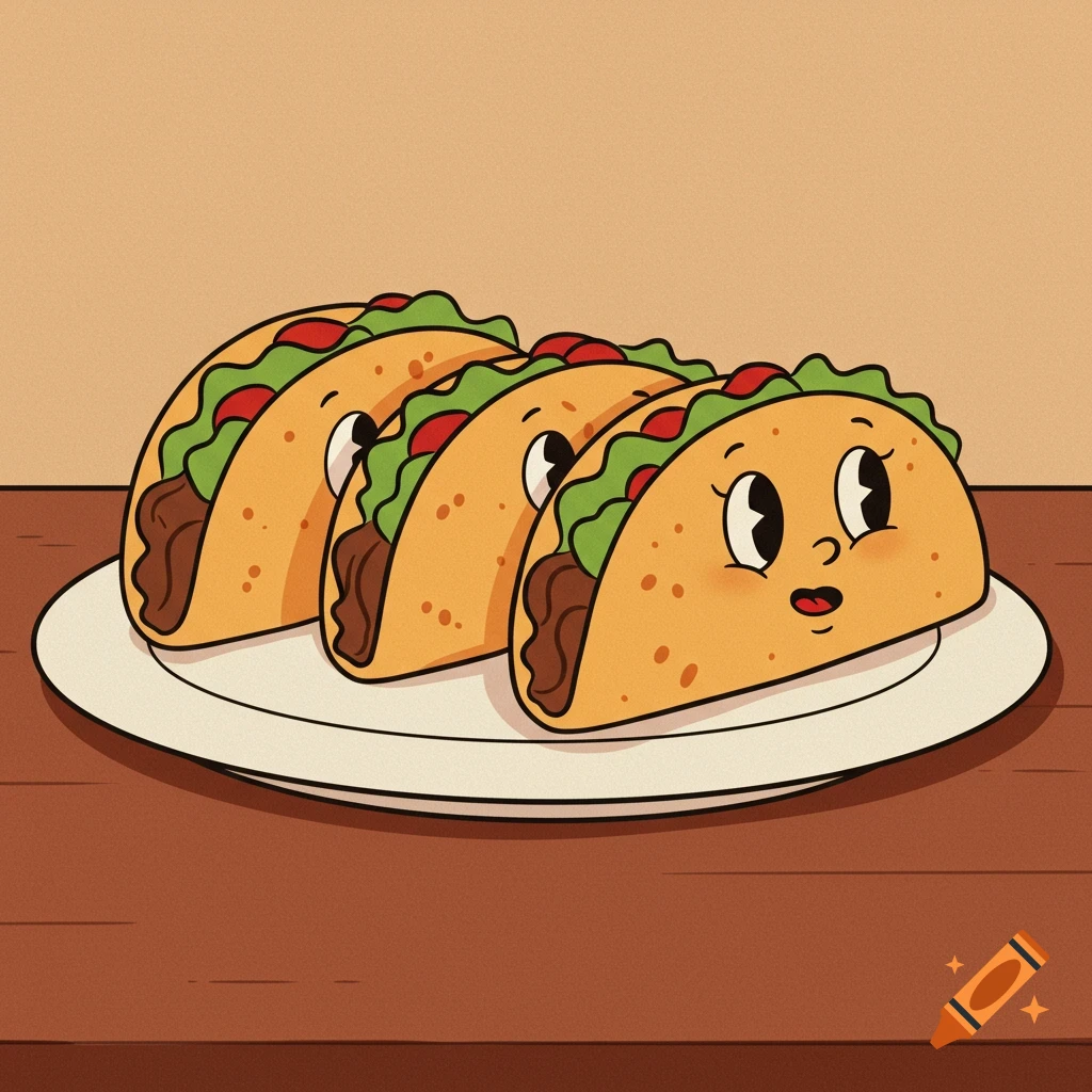 Three cartoon tacos with faces on a plate in a retro style