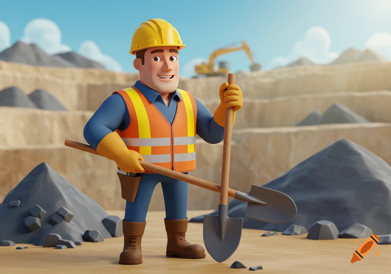Cartoon construction worker with shovels at a quarry