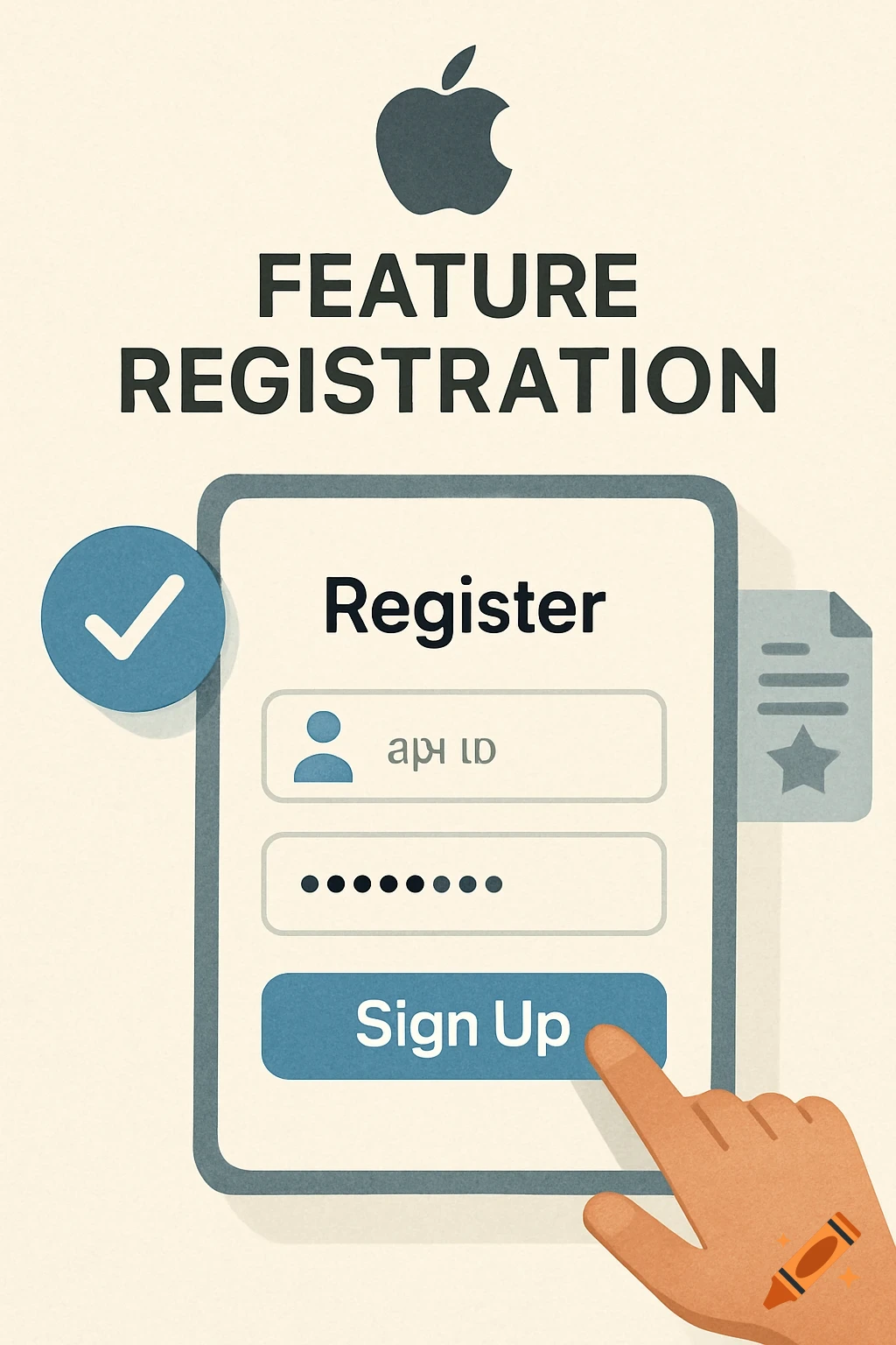 Illustration of an Apple feature registration form on a screen, with a finger about to tap 'Sign Up'.