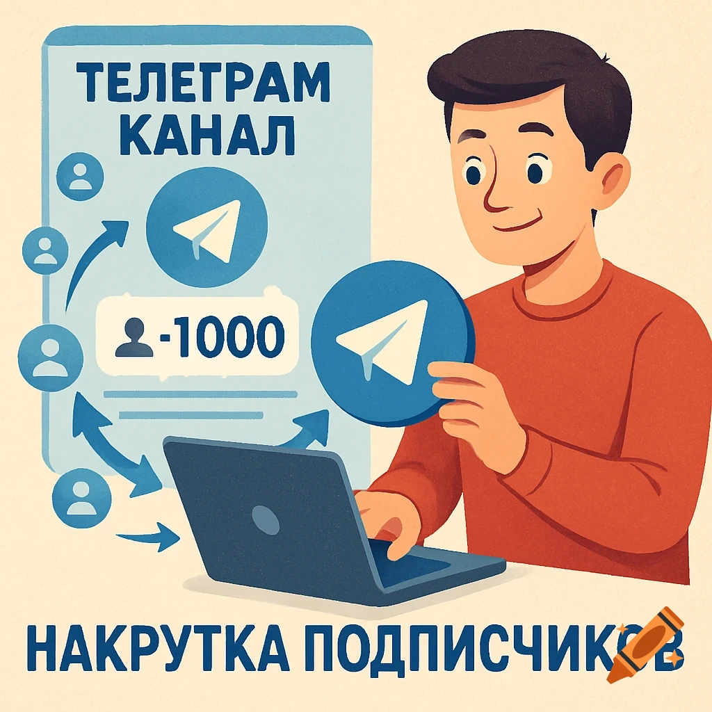 Illustration of a man with a laptop and Telegram graphics promoting follower boosting services.