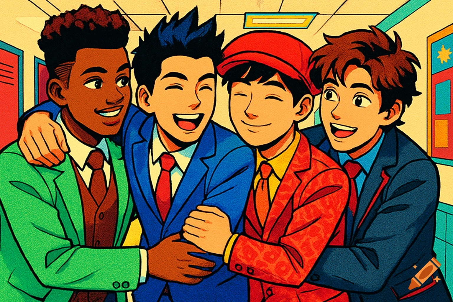 Four diverse anime teenage boys embracing and smiling in a school hallway, pop art style.