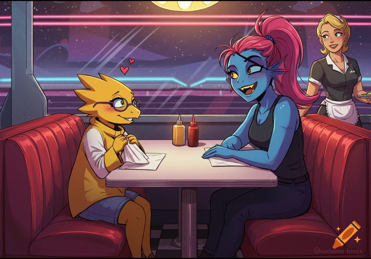Alphys and Undyne from Undertale on a date in a retro diner with a waitress.
