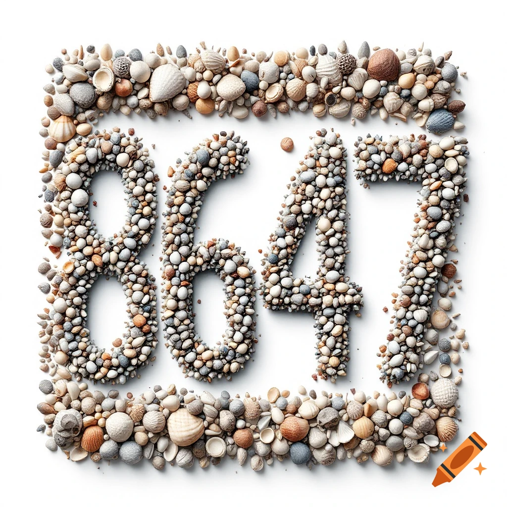 Number 8647 made from seashells and pebbles on a white background with a shell border.