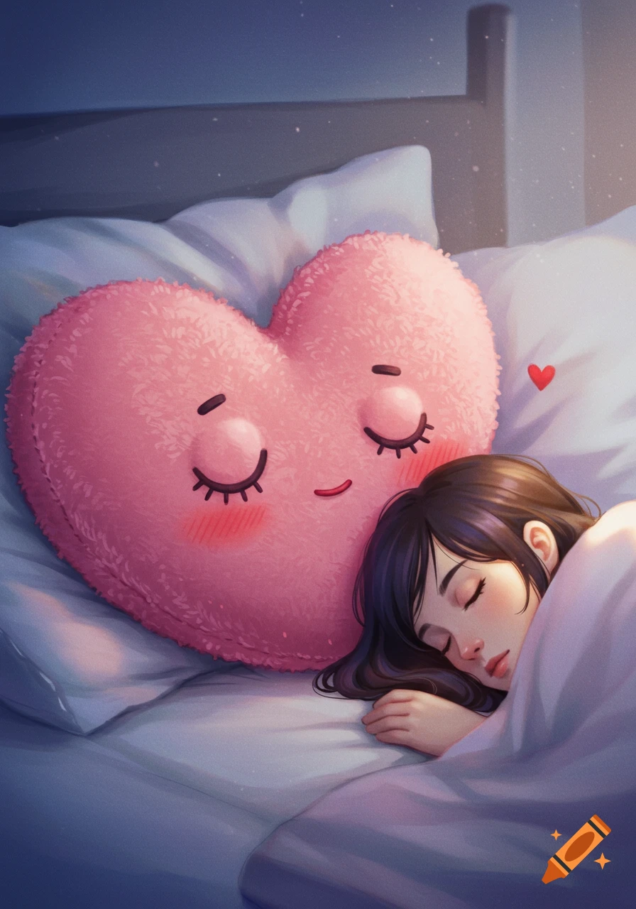 A sleeping person snuggles next to a large, pink heart-shaped pillow with a cute face, in a cozy bed.