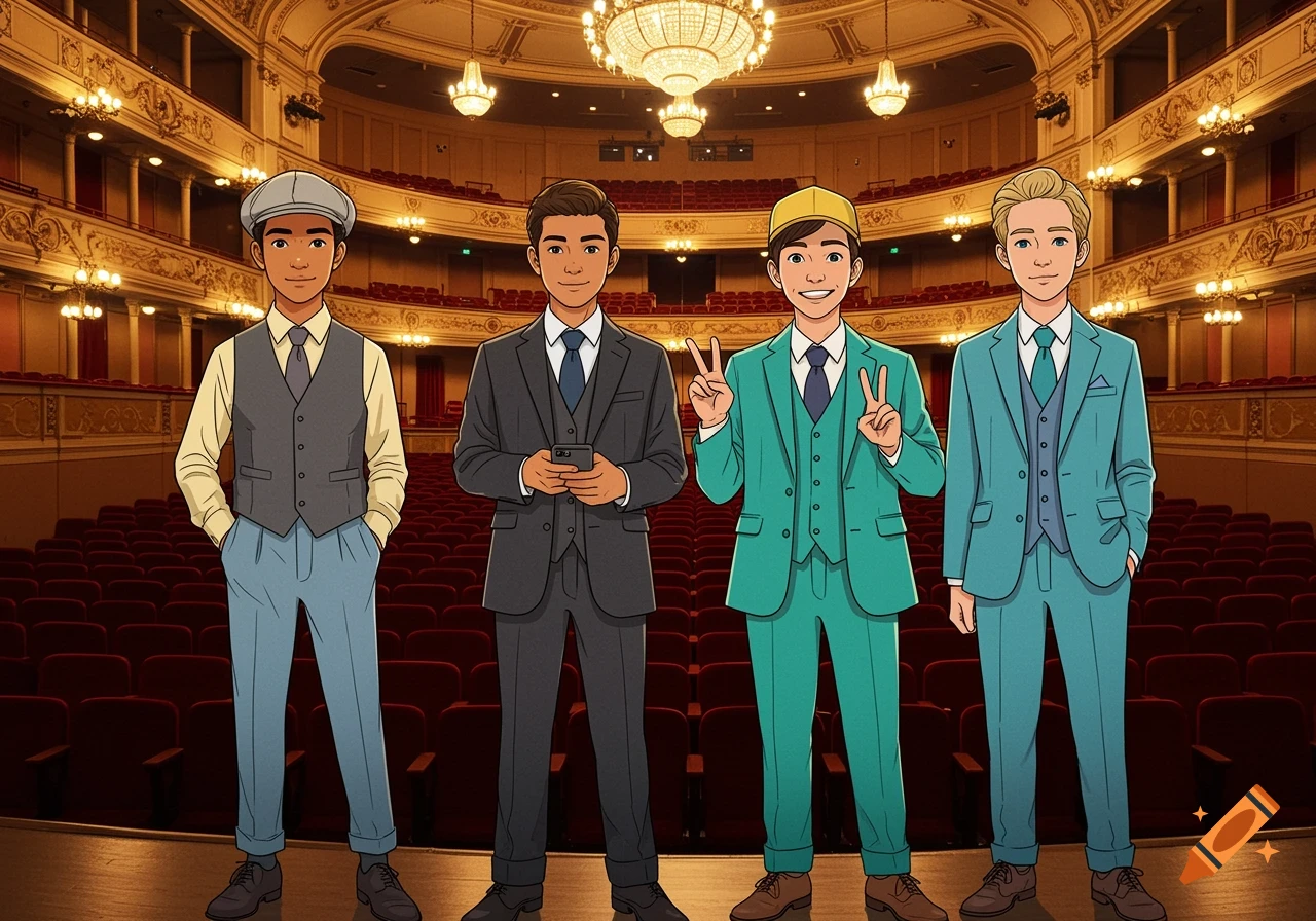 Four cartoon boys in suits pose on stage in a grand theatre.